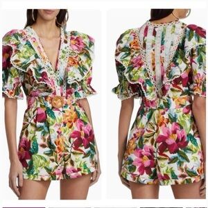 New FARM Rio Off White Painted Flowers Romper Small
